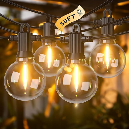 Kawaya Outdoor String Lights 50 FT LED Patio Light with 25+2 Shatterproof Edison Globe Bulbs - IP65 Waterproof Dimmable Hanging Lights - 2700K Warm White Lighting for Outside Porch Deck Bistro Cafe