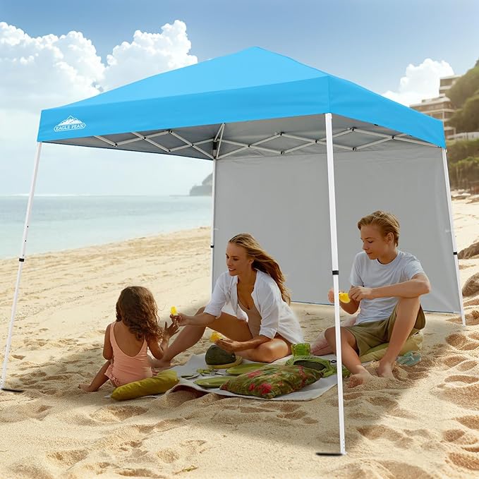 EAGLE PEAK 10x10 Pop Up Canopy Tent with Sidewall, Compact, Portable Slant Leg Instant Sun Shelter for Beach, Sports, & Camping, 10x10 Base 8x8 Top, Light Blue