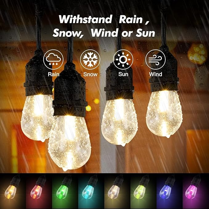 24FT RGB Solar Outdoor String Lights - Dimmable Commercial Patio Lights with 8 Modes, IP65 Waterproof & Remote Control for Garden, Wedding, Cafe