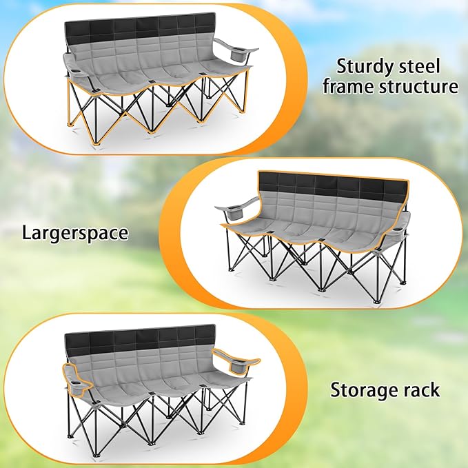 Oversized Double Camping Couch Chair Outdoor Fully Padded Folding Sofa, 3 Person Capacity Camping Chair, Extra Large Sturdy Bench for Campsites, Soccer Games, Backyard Party, Fall Outdoor Activities