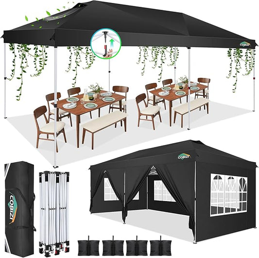 COBIZI 10x20 Pop Up Canopy Tent with 6 Removable Sidewalls,Waterproof & UV 50+ Easy Up Canopy,Commercial Gazebo with Air Vent,4 Sand Bags,4 Stakes & 8 Ropes,Tents for Parties/Camping/Backyard,Black