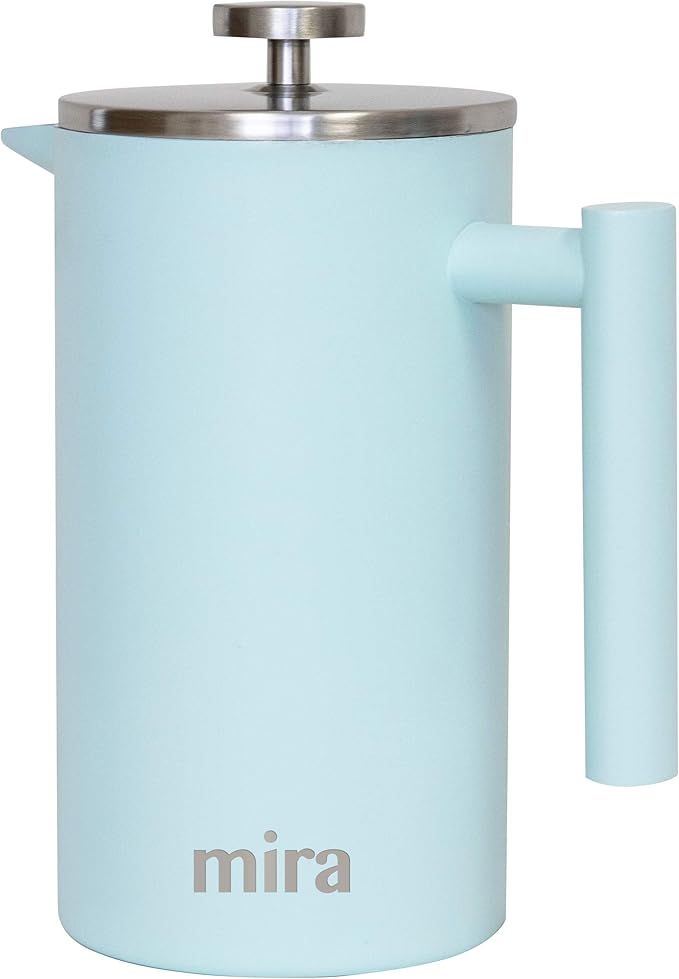 MIRA 20 oz Insulated French Press - Stainless Steel Coffee & Tea Maker - Double Wall Temperature Control Brewer, Pearl Blue