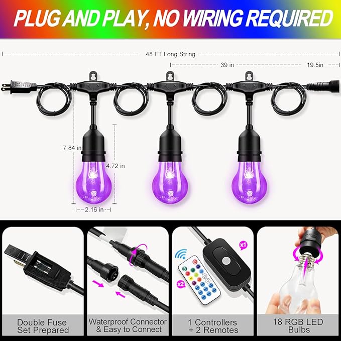 48FT Outdoor Patio Lights Color Changing, RGB LED String Lights with 16 E26 Shatterproof Edison Bulbs, Dimmable Patio String Lights for Bistro Backyard Garden, 1 Remote Controllers