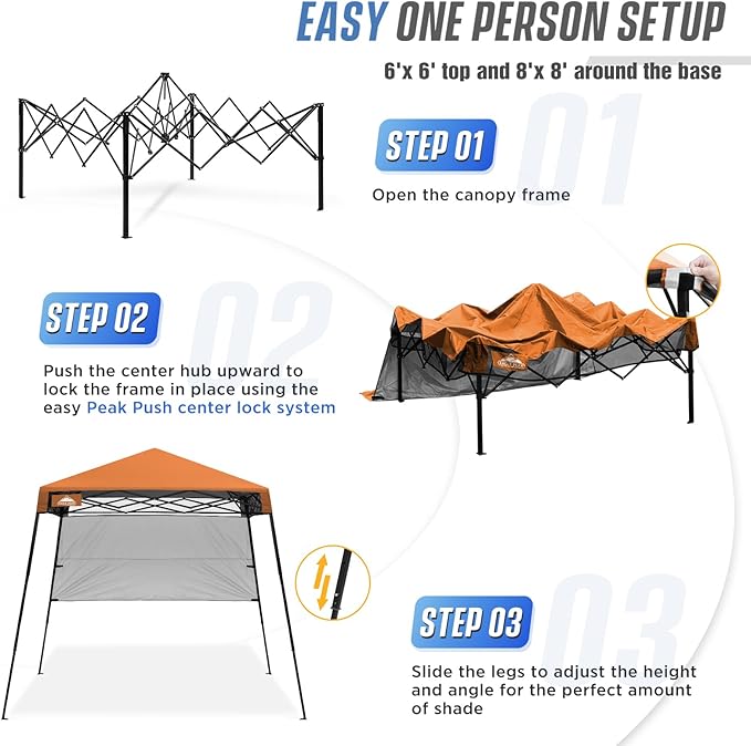 EAGLE PEAK 8x8 Pop Up Canopy Tent with Sidewall, Compact, Portable Slant Leg Instant Sun Shelter for Beach, Sports, & Camping, 8x8 Base 6x6 Top, Orange