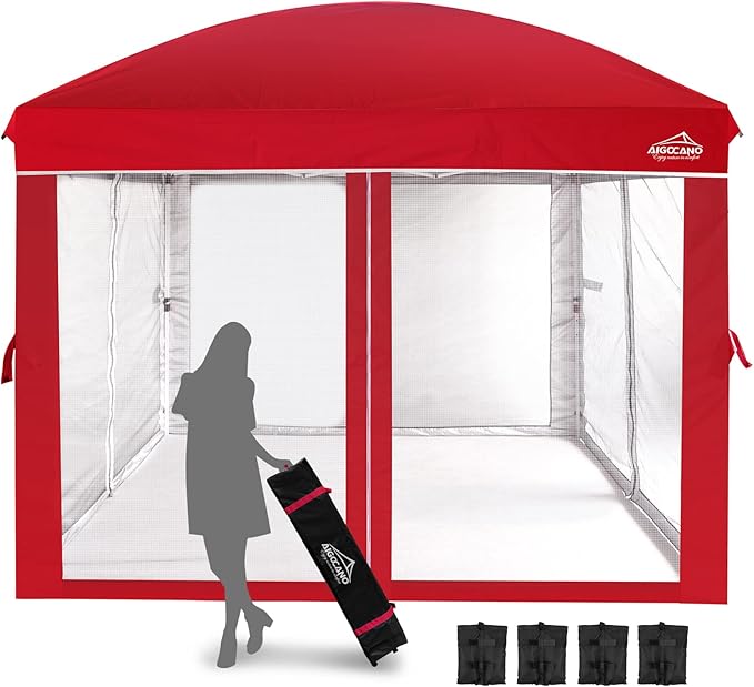 Canopy Tent with Netting Screen,10x10 Easy Pop Up Gazebo for Outdoor Parties,Camping,Foldable Patio Gazebo with Roller Bag and 4 Sandbags (Red)