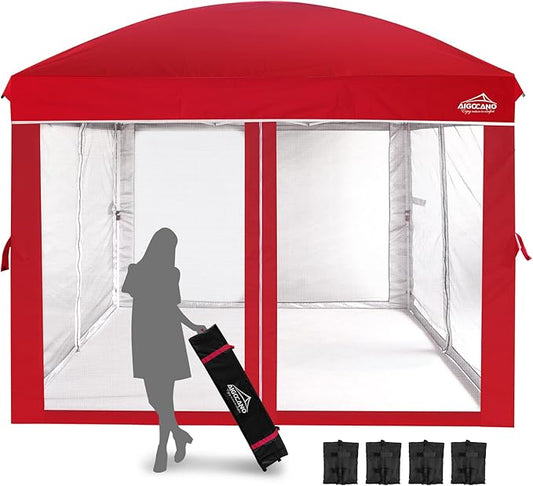 Canopy Tent with Netting Screen,10x10 Easy Pop Up Gazebo for Outdoor Parties,Camping,Foldable Patio Gazebo with Roller Bag and 4 Sandbags (Red)
