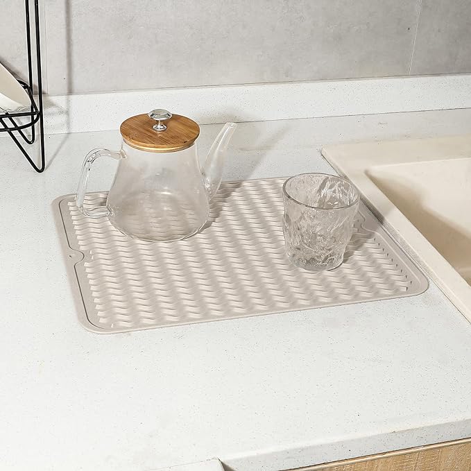 Silicone Dish Drying Mat for Multiple Usage,Easy clean,Eco-friendly,Heat-resistant Silicone Mat for Kitchen Counter or Sink,Refrigerator or drawer liner Tapioca L 16 inches x 12 inches