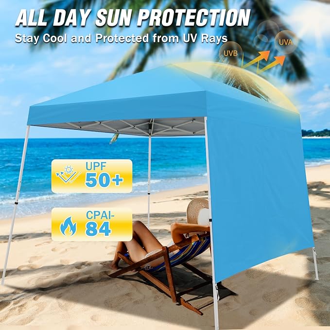 EAGLE PEAK 10x10 Pop Up Canopy Tent with Sidewall, Compact, Portable Slant Leg Instant Sun Shelter for Beach, Sports, & Camping, 10x10 Base 8x8 Top, Light Blue
