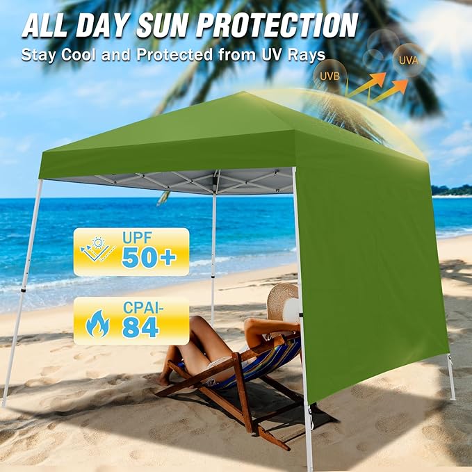 EAGLE PEAK 10x10 Pop Up Canopy Tent with Sidewall, Compact, Portable Slant Leg Instant Sun Shelter for Beach, Sports, & Camping, 10x10 Base 8x8 Top, Green