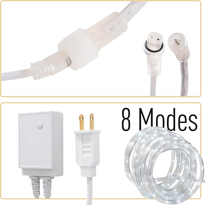 Waterproof LED Rope Lights, Connectable & Flexible with 8 Modes, Outdoor Lighting for Deck, Garden, Pool, Patio & Christmas Decor (White, 50ft)