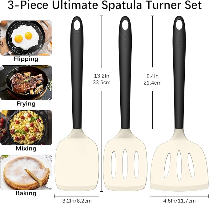 Coukre Silicone Spatula Set of 3, High Heat Resistant, BPA-Free, Kitchen Utensils, Fish Spatula, Solid & Slotted Turner for Non-Stick Pans, Flipping Eggs, Pancakes, Fish, Burgers (3, Beige)