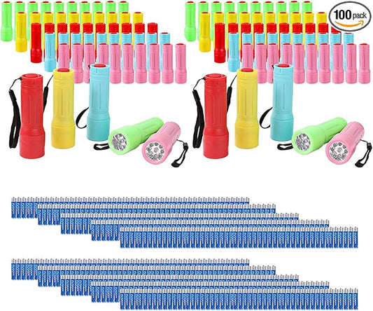100 Pack Mini Flashlights Bulk for Kids, Small Multicolor Flashlights Bulk with Lanyard, 300 AAA Batteries Included for Hurricane Supplies Camping Essentials Emergency Gifts for Boys Girls