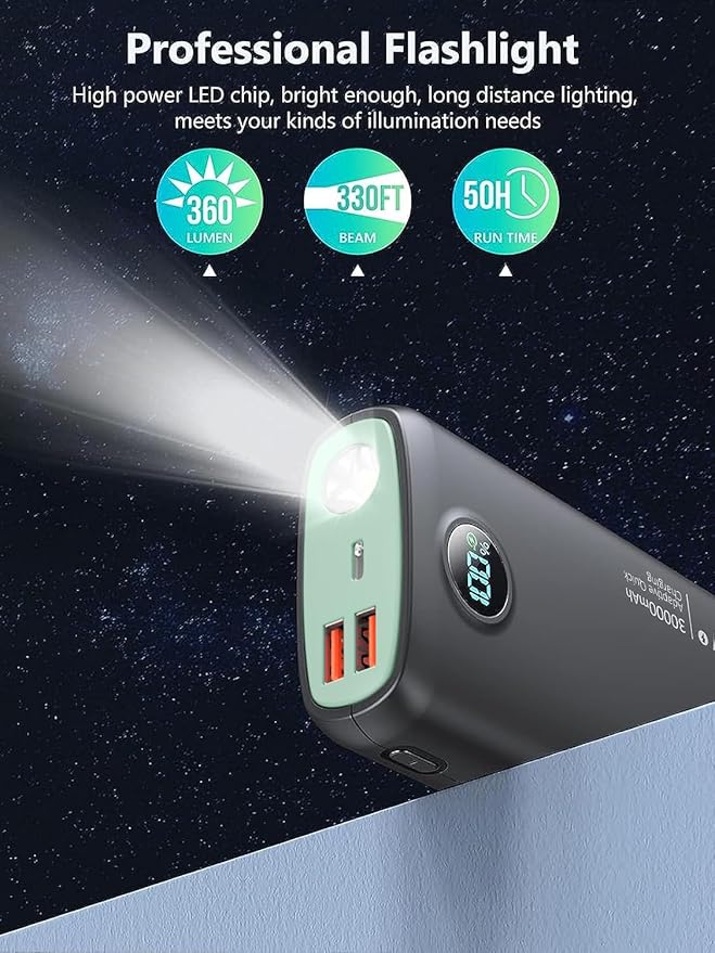 Portable Charger-Output Input USB C Fast Charging LED Display SCP22.5W PD 30W QC4.0 Power Bank, Flashlight External Battery Pack for iPhone, Xiaomi, LG, and More (Black-Cyan)