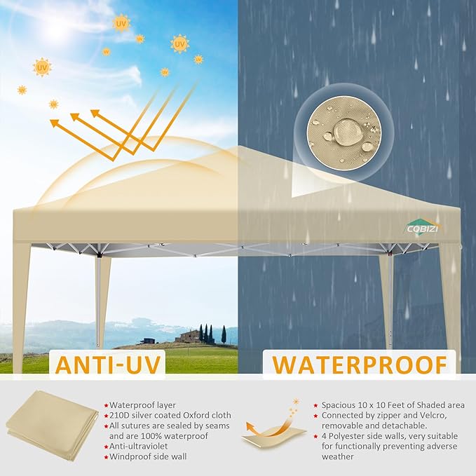 COBIZI 10x10 Pop Up Canopy Tent with 4 Sidewalls,10x10 Easy Up Waterproof Canopy Tents for Parties Camping Exhibition, Outdoor Easy Set U Gazebo Tent with Carry Bag,8 Stakes & 4 Ropes(Khaki