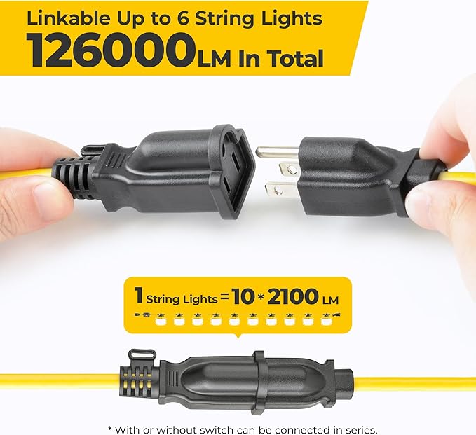Outdoor Construction LED String Lights with Switch: 3 Prong 100FT 150w 21000lm ETL Certified Bright Industrial Temporary Lighting Hanging IP65 Waterproof Work Light for Attic Jobsite Garage