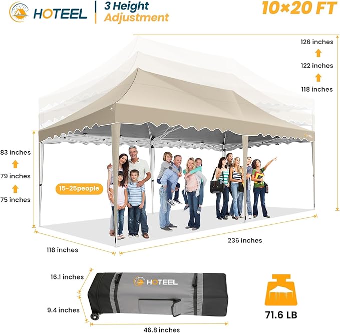 HOTEEL 10×20 Pop Up Canopy, Canopy Tent UV 50+ and Waterproof, Thickened Frame, Large Space Easy Pop Up Canopy, Outdoor Canopy for Weddings, Beaches, Parties, Patio (Khaki)