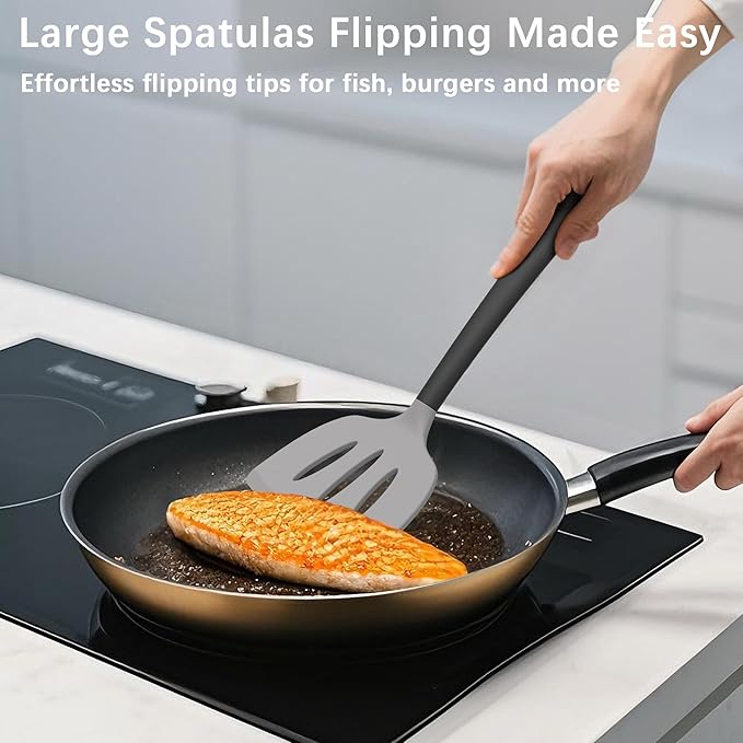 Coukre Silicone Spatula Set of 3, High Heat Resistant, BPA-Free, Kitchen Utensils, Fish Spatula, Solid & Slotted Turner for Non-Stick Pans, Flipping Eggs, Pancakes, Fish, Burgers (3, Gray)