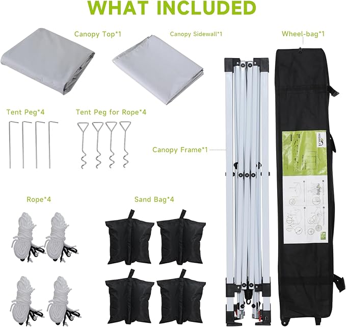 10x10ft Pop Up Canopy Tent with Removable Sidewall, Instant Shade Canopy with Vented Roof for Patio Outdoor Camping with Wheel-Bag, 4 Sand Bags, 8 Stakes