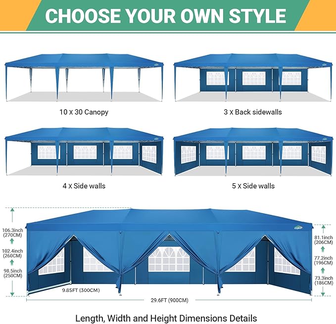 COBIZI 10x30 Pop Up Canopy Tent for Parties with 8 Sidewalls Waterproof Commercial Instant Canopy 10x30 Party Tent for Backyard, Wedding Portable Outdoor Gazebo with Carrybag&4 Sandbags