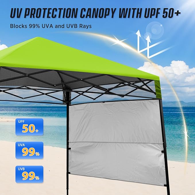 EAGLE PEAK 8x8 Pop Up Canopy Tent with Sidewall, Compact, Portable Slant Leg Instant Sun Shelter for Beach, Sports, & Camping, 8x8 Base 6x6 Top, Green