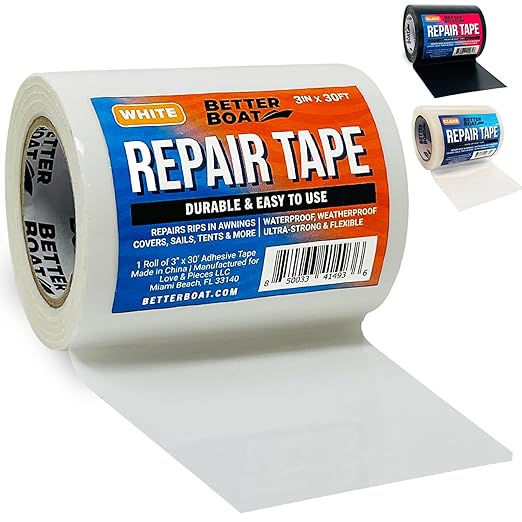 Repair Tape for Fabric Boat Covers, Canvas Tents, Pop-Up Campers, RV Awnings, Tarps, Canopies, Bimini Tops, Sails, Air Mattress Patch Kit, 30ft x 3" White Heavy-Duty Waterproof Vinyl
