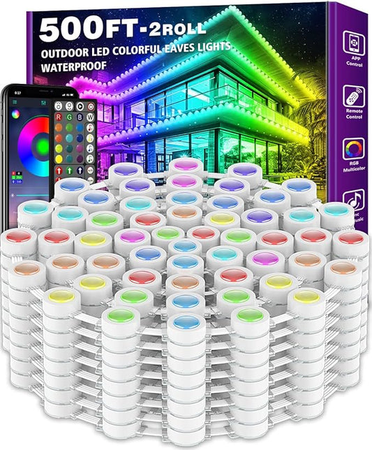 500FT Permanent Outdoor RGB Lights - IP67 Waterproof with Smart App Control Remote, DIY Scene Modes, Music Synchronization, Eaves Lights For Garden Decor, Deck, Christmas, Party, Party, Halloween,Roof