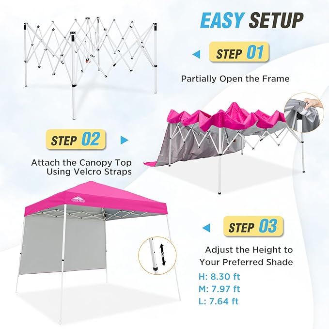 EAGLE PEAK 10x10 Pop Up Canopy Tent with Sidewall, Compact, Portable Slant Leg Instant Sun Shelter for Beach, Sports, & Camping, 10x10 Base 8x8 Top, Pink