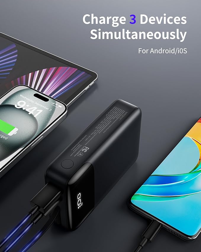 Power Bank,20000mAh 22.5W High-Speed Portable Phone Charger with Built-in USB-C Cable,PD 3.0+QC 3.0 Batterry Pack Compatible with iPhone 16/15/14 Series,Android,Switch,iPad,and More.