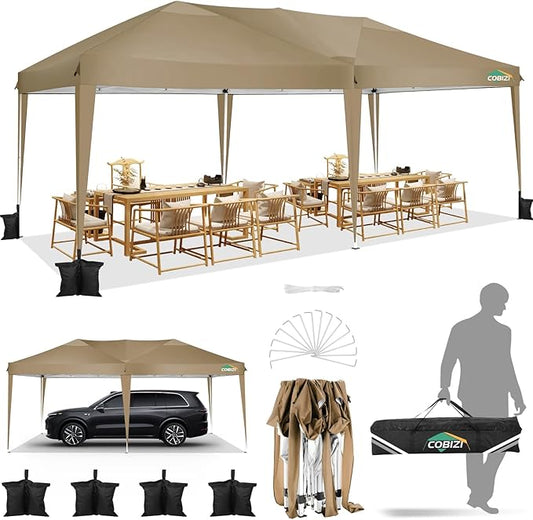 COBIZI Canopy 10x20 Pop Up Canopy Tent 10x20ft Waterproof Easy Up Tents for Parties Wedding Outdoor Commercial Event Gazebo Portable Instant Tent for Backyard Camping Car Port(Khaki