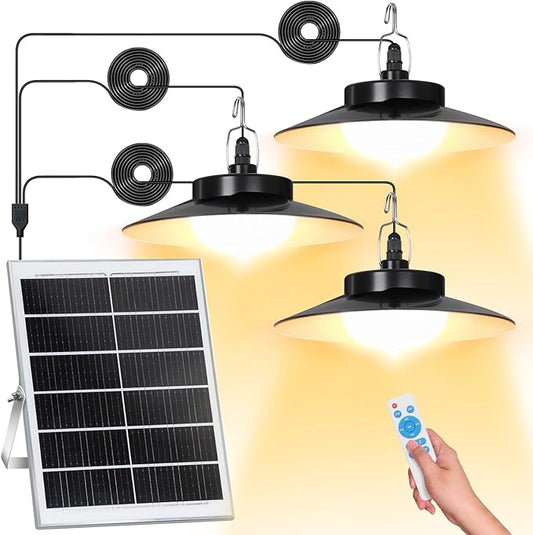 Solar Pendant Lights Outdoor,3 Heads Solar Shed Light Dimmable with Motion Sensor,Solar Powered Lights with Upgrade 5 Lighting Modes & Remote Control for Shed,Patio,Barn,Garage,Chicken Coop
