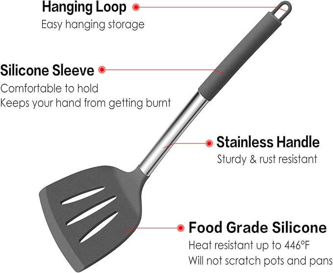 LIANYU 15-Piece Cooking Kitchen Utensils Set with Holder, Silicone Kitchen Tools Stainless Steel Handle, Slotted Spatula Spoon Turner Tong Whisk Brush for Cooking, Gray