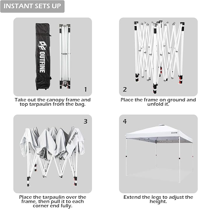 OUTFINE Pop-up Canopy 10x10 Patio Tent Instant Gazebo with Wheeled Bag, Sandbags x4, Tent Stakes x8 (Light White, 10 * 10FT)
