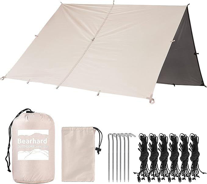 Bearhard Waterproof Camping Tarp, Lightweight Hammock Rain Fly, UV Protection and PU 3000mm Waterproof Backpacking Tarp, 10x10ft/10x12ft Large Tent Footprint or Shelter Kit for Hiking and Outdoor Adventure