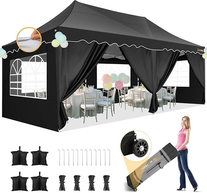HOTEEL 10x20 Pop up Canopy Tent with 6 Removable Sidewalls, Wave Hem Roof 10x20 Canopy with Wheel Bag and 4 Sandbag, Commercial Pop up Tent Waterproof Sunshade for Wedding Party Stall(Black)