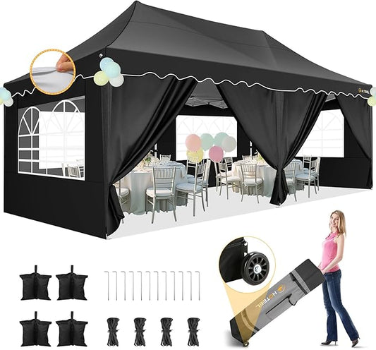 HOTEEL 10x20 Pop up Canopy Tent with 6 Removable Sidewalls, Wave Hem Roof 10x20 Canopy with Wheel Bag and 4 Sandbag, Commercial Pop up Tent Waterproof Sunshade for Wedding Party Stall(Black)