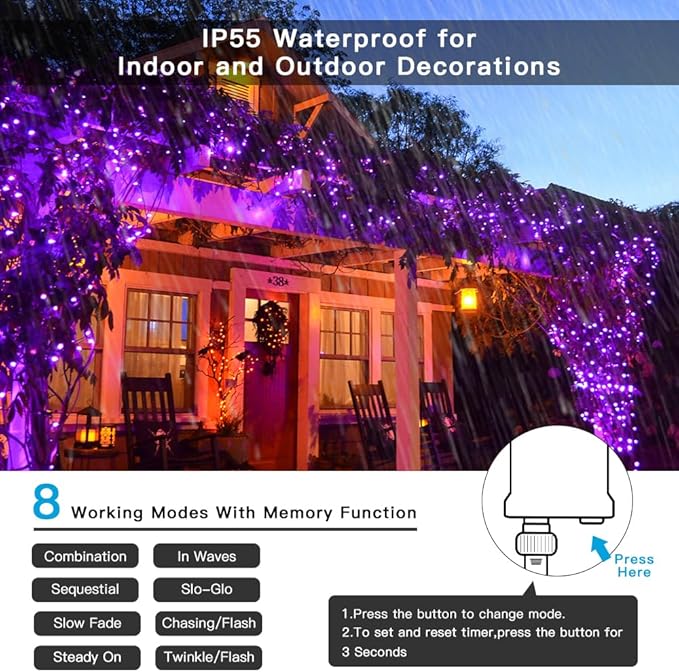AmyHomie Purple Halloween Lights, 108Ft 300LED Halloween String Lights, 8 Modes Waterproof Fairy String Lights for Outdoor & Indoor Home Patio Garden Party Wedding Decor