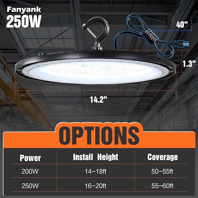 UFO Led High Bay Light,250W 2 Pack LED Shop Lights 35000lm 5000k Daylight, UFO LED Highbay Lights with US Plug, Led Garage Light for Warehouse Workshop Barn Garage
