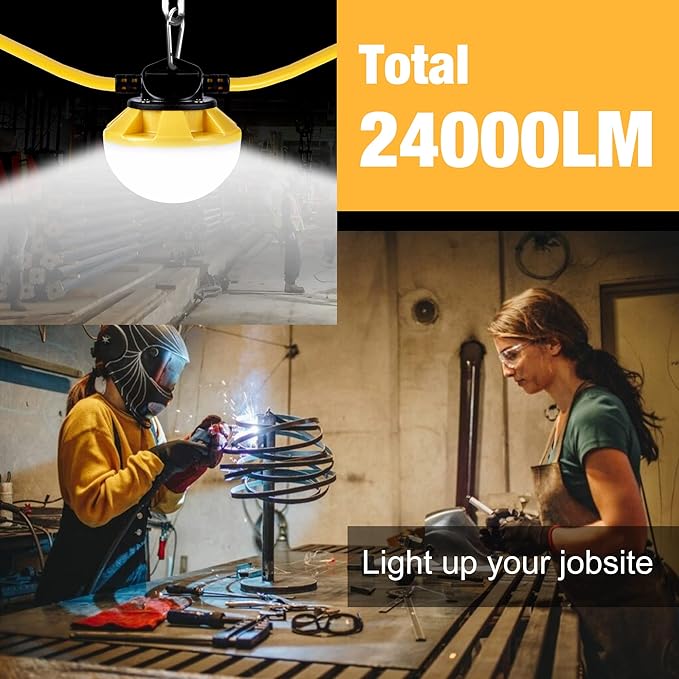 200FT Construction String Lights, IP65 Waterproof ETL Certified LED String Work Lights, 5000K Daylight 18AWG Wire Linkable Temporary Construction Lighting for Jobsite with 20 Bulbs & Hooks