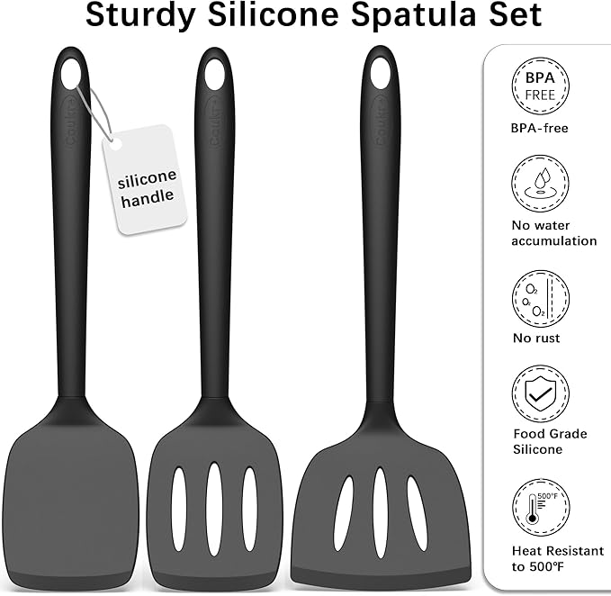 Coukre Silicone Spatula Set of 3, High Heat Resistant, BPA-Free, Kitchen Utensils, Fish Spatula, Solid & Slotted Turner for Non-Stick Pans, Flipping Eggs, Pancakes, Fish, Burgers (3, PureBlack)
