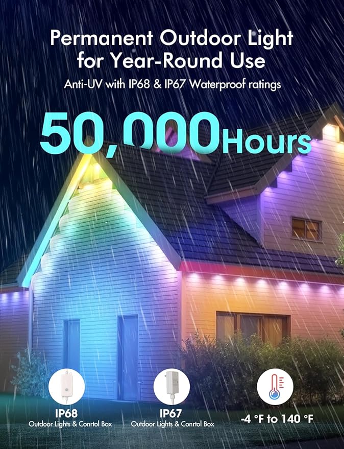 Smart Permanent Outdoor Lights Pro, 55ft with 36 RGB+IC Led Permanent Outdoor Lights for House, 51 Scenes, IP68 Waterproof, App/Remote Control for Christmas House Roof Lighting