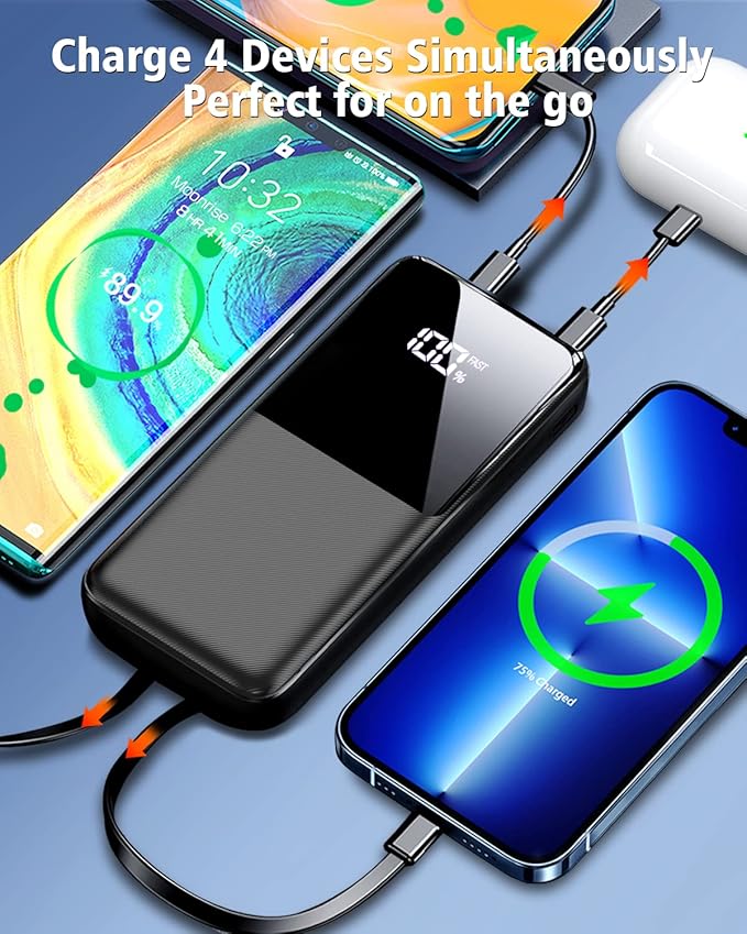 Portable Charger Power Bank - 15000mAh Fast Charging Powerbank Travel Camping Essential Battery Pack with Built in 22.5W Output Cable Compatible with iPhone16 15 14 13 Samsung Google Phone, 1 Pack