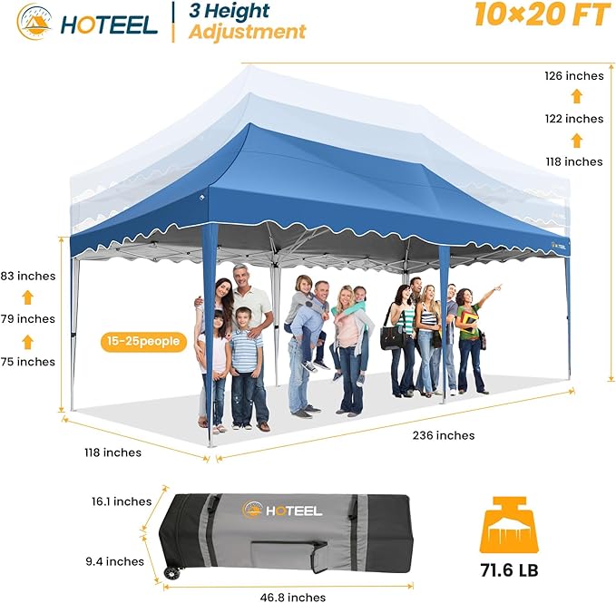 HOTEEL 10×20 Pop Up Canopy, Canopy Tent UV 50+ and Waterproof, Thickened Frame, Large Space Easy Pop Up Canopy, Outdoor Canopy for Weddings, Beaches, Parties, Patio (Blue)