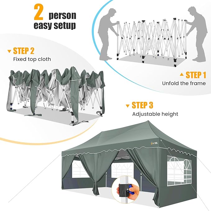 HOTEEL 10x20 Pop up Canopy Tent with 6 Removable Sidewalls, Wave Hem Roof 10x20 Canopy with Wheel Bag and 4 Sandbag, Commercial Pop up Tent Waterproof Sunshade for Wedding Party Stall(Gray)