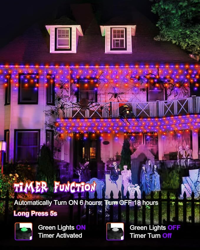 Outdoor Halloween Lights, Waterproof 53FT 486 LED Hanging String Lights with 108 Drops, 8 Modes Timer, Connectable Plug-in Outside Lights for Party Eaves Yard Decorations, Purple and Orange