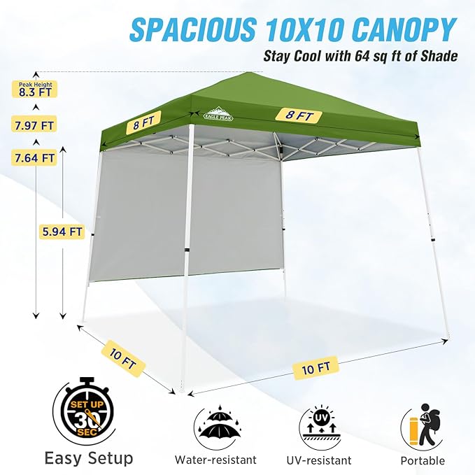 EAGLE PEAK 10x10 Pop Up Canopy Tent with Sidewall, Compact, Portable Slant Leg Instant Sun Shelter for Beach, Sports, & Camping, 10x10 Base 8x8 Top, Green
