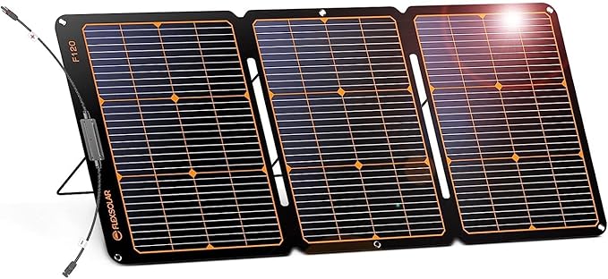 FlexSolar 120W Portable Solar Panel for Power Station, High Efficiency ETFE Foldable Solar Charger with Ajustable Stand and 4-in-1 Cable for Most Solar Generator/RV/Camping/Emergency Power Supply