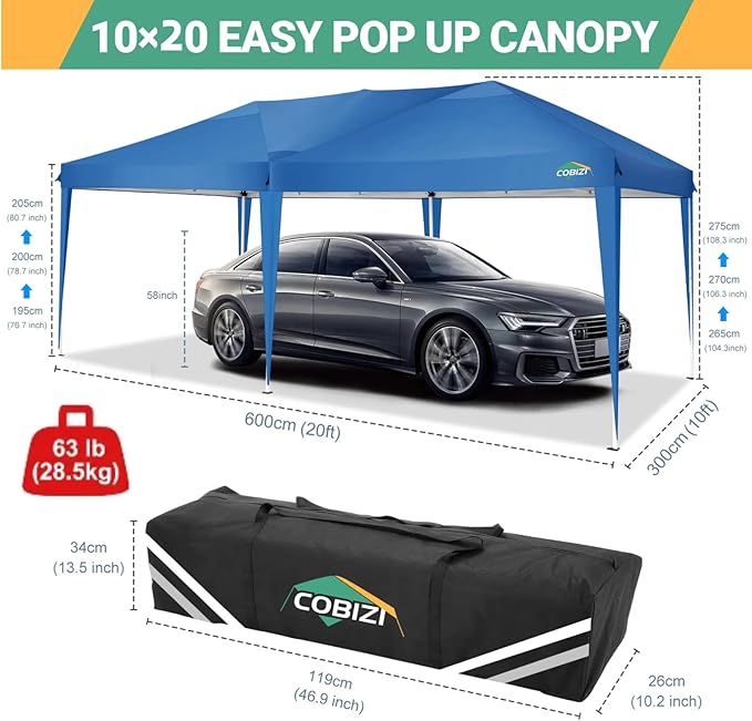 COBIZI Canopy 10x20 Pop Up Canopy Tent with 6 Sidewalls Easy Pop Up Tent 10x20 Waterproof Commercial Instant Shelter UPF 50+ Portable Gazebo Wedding Tents for Parties Carport Vender Events