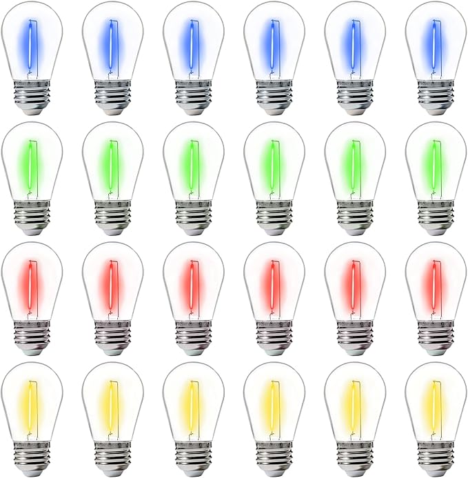 FLSNT 24-Pack S14 Colored LED String Light Bulbs, 1W Waterproof Outdoor Indoor Replacement Bulbs, E26 Base, CRI80, Red/Green/Blue/Warm White