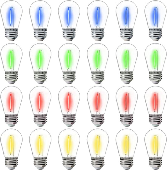 FLSNT 24-Pack S14 Colored LED String Light Bulbs, 1W Waterproof Outdoor Indoor Replacement Bulbs, E26 Base, CRI80, Red/Green/Blue/Warm White