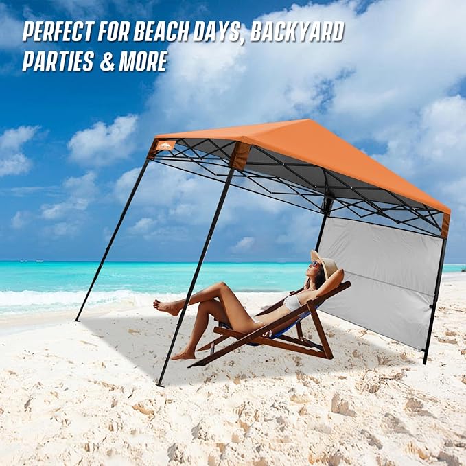 EAGLE PEAK 8x8 Pop Up Canopy Tent with Sidewall, Compact, Portable Slant Leg Instant Sun Shelter for Beach, Sports, & Camping, 8x8 Base 6x6 Top, Orange